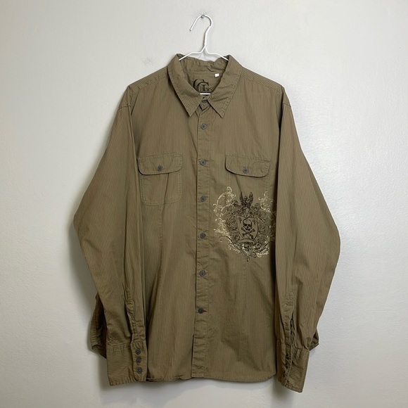 VTG GUESS Y2K Men’s Button Down Shirt Skull Graphics Print Size XXL Tan Stripes - Picture 2 of 16